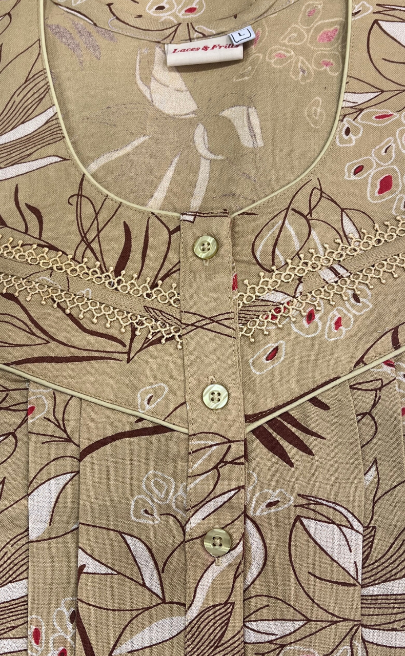 Beige Leafy Spun Long Sleeves Nighty. Flowy Spun Fabric | Laces and Frills