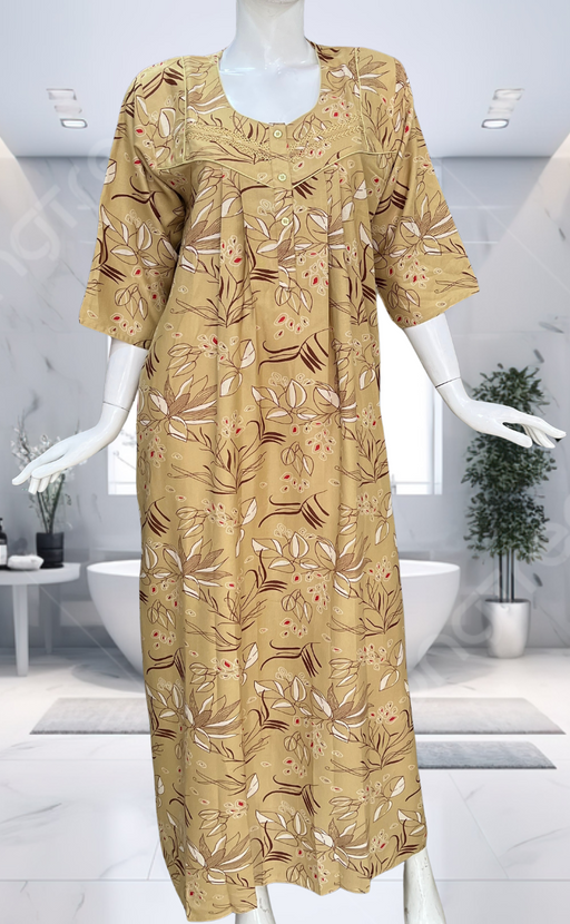 Beige Leafy Spun Long Sleeves Nighty. Flowy Spun Fabric | Laces and Frills