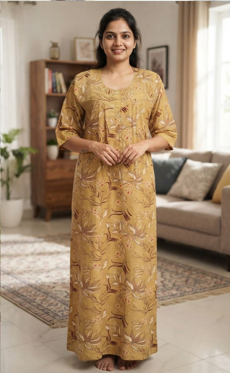 Beige Leafy Spun Long Sleeves Nighty. Flowy Spun Fabric | Laces and Frills