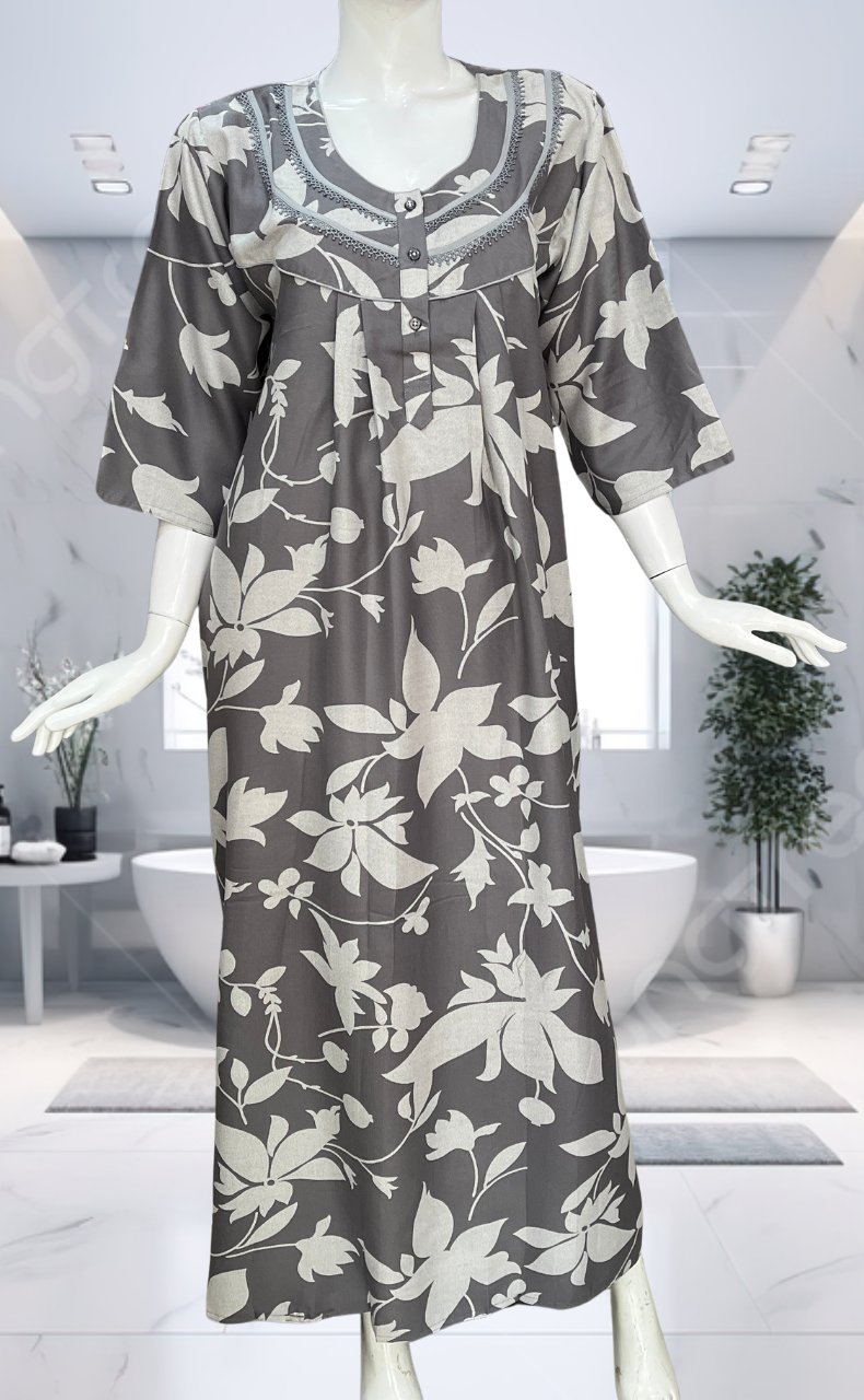 Grey Leafy Spun Long Sleeves Nighty. Flowy Spun Fabric | Laces and Frills