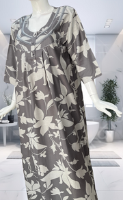 Grey Leafy Spun Long Sleeves Nighty. Flowy Spun Fabric | Laces and Frills