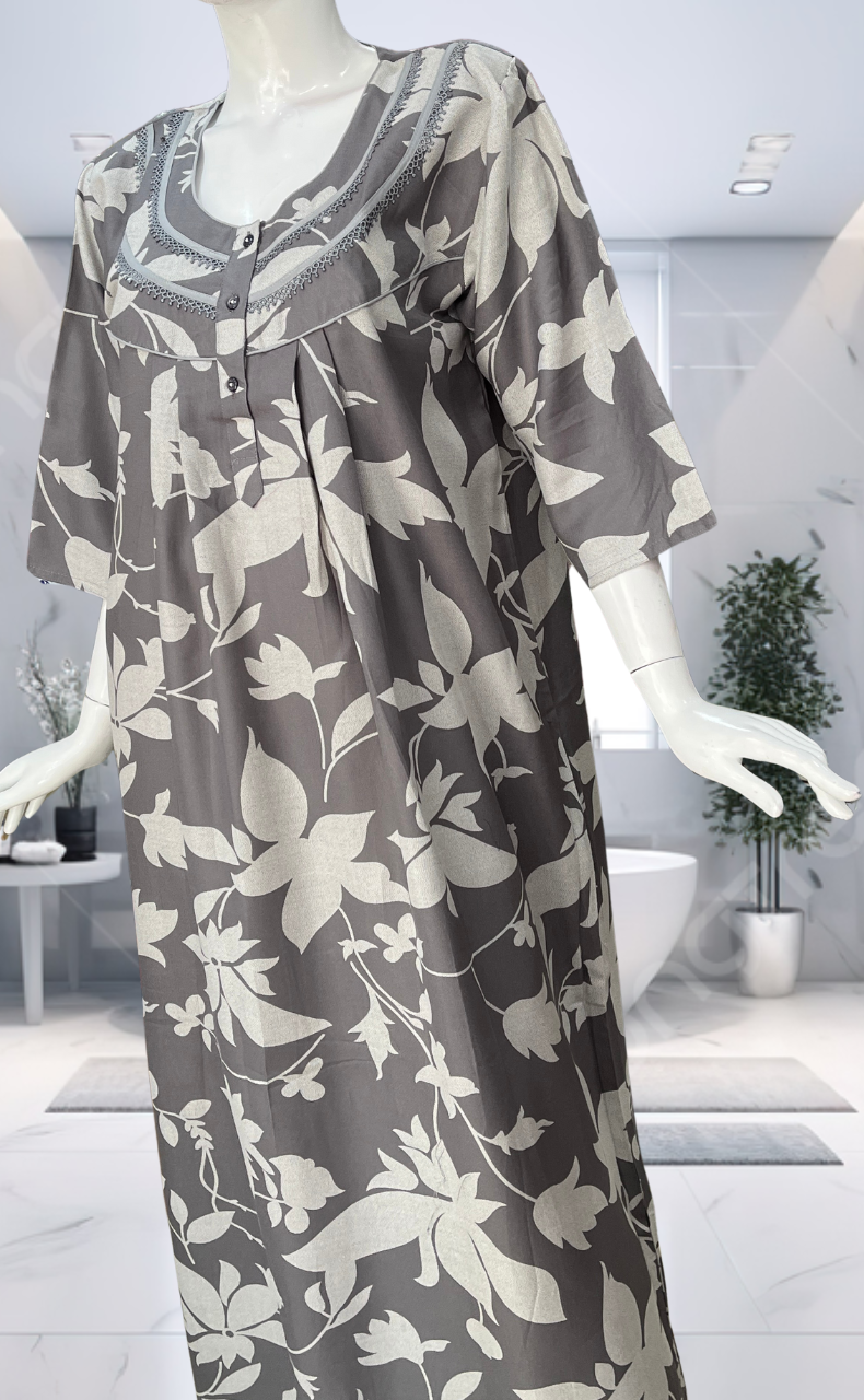 Grey Leafy Spun Long Sleeves Nighty. Flowy Spun Fabric | Laces and Frills