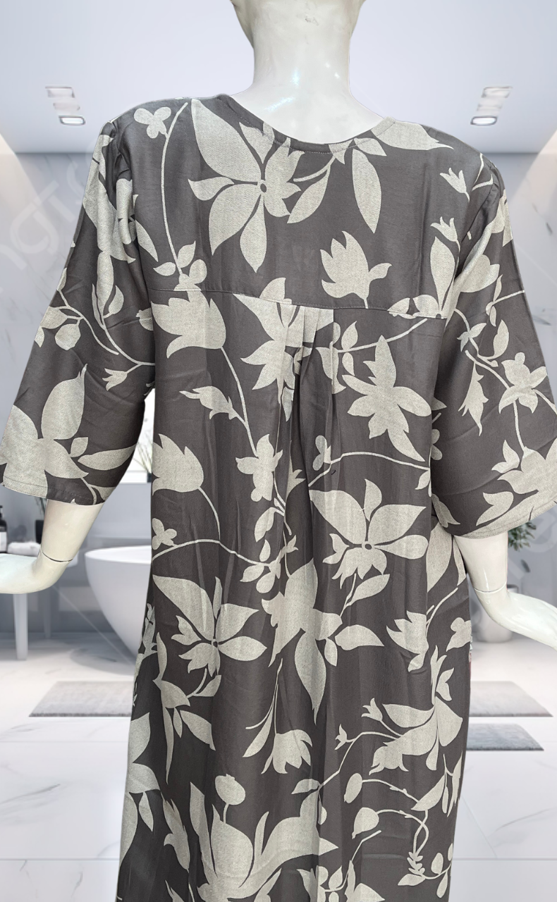 Grey Leafy Spun Long Sleeves Nighty. Flowy Spun Fabric | Laces and Frills