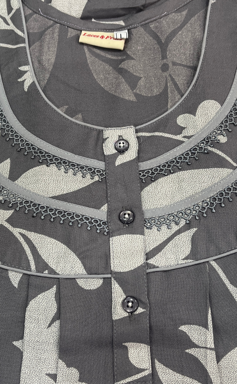 Grey Leafy Spun Long Sleeves Nighty. Flowy Spun Fabric | Laces and Frills