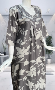 Grey Leafy Spun Long Sleeves Nighty. Flowy Spun Fabric | Laces and Frills