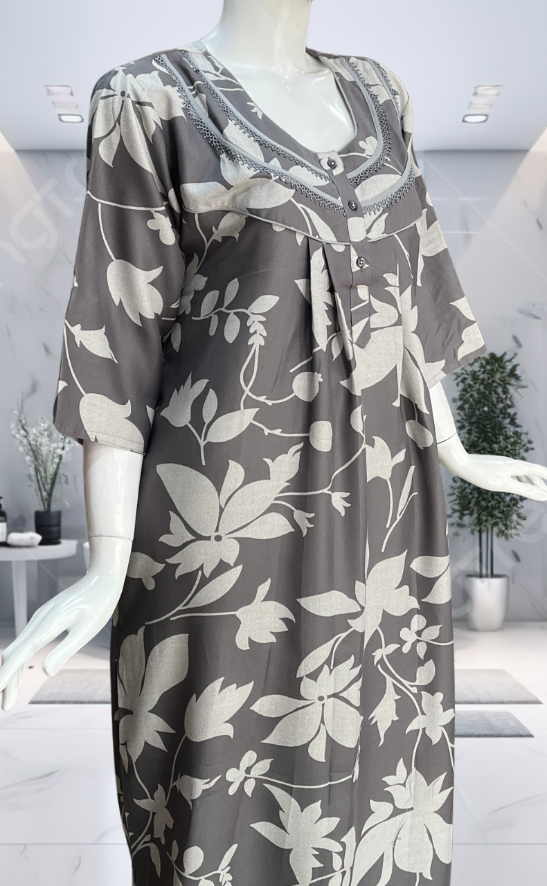 Grey Leafy Spun Long Sleeves Nighty. Flowy Spun Fabric | Laces and Frills