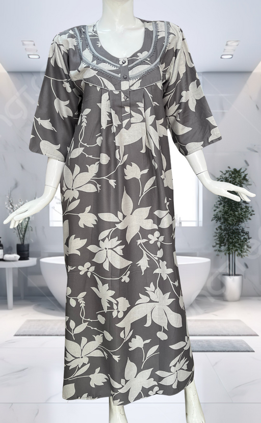 Grey Leafy Spun Long Sleeves Nighty. Flowy Spun Fabric | Laces and Frills