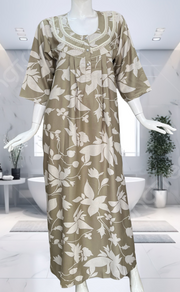 Beige Leafy Spun Long Sleeves Nighty. Flowy Spun Fabric | Laces and Frills