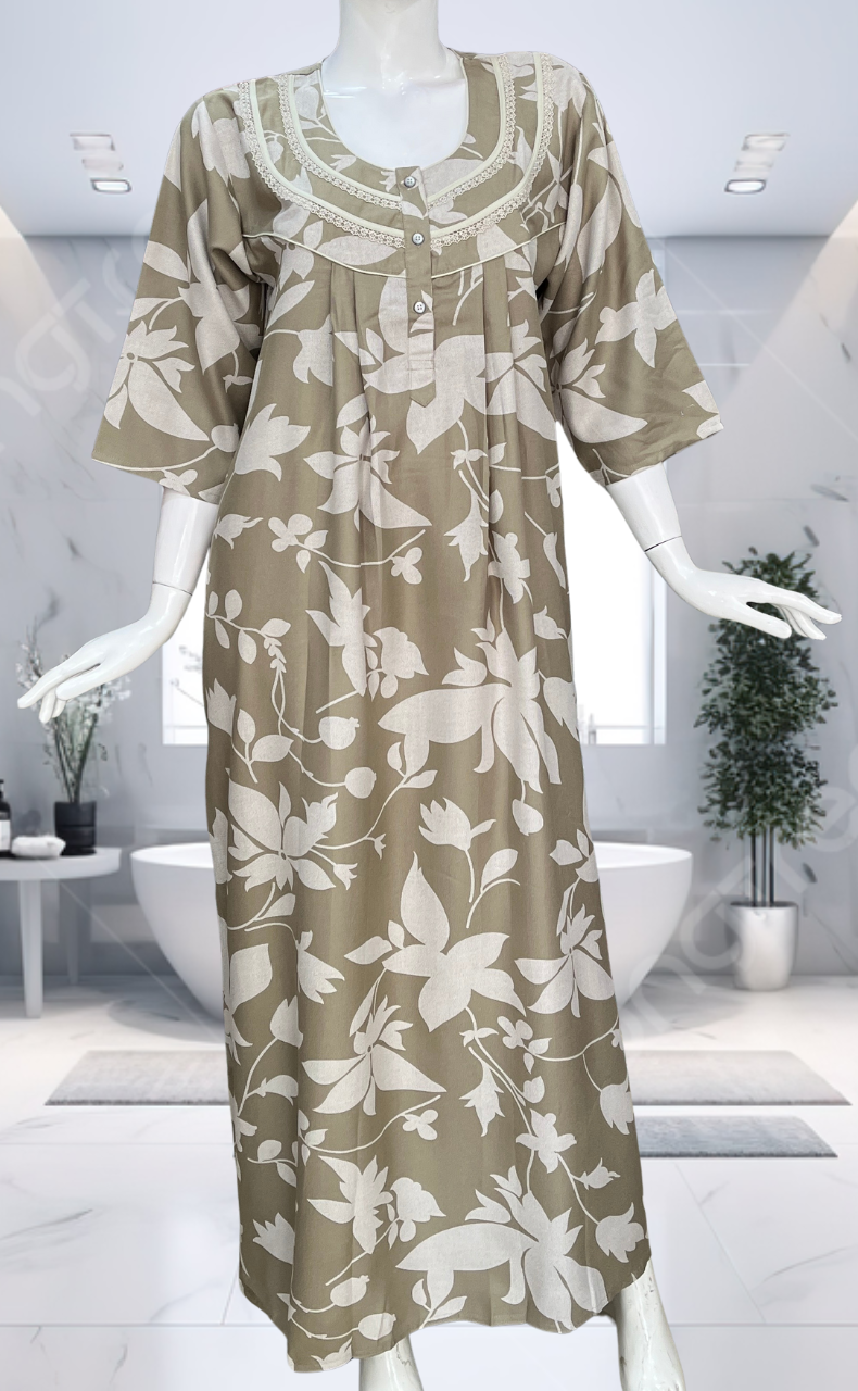 Beige Leafy Spun Long Sleeves Nighty. Flowy Spun Fabric | Laces and Frills