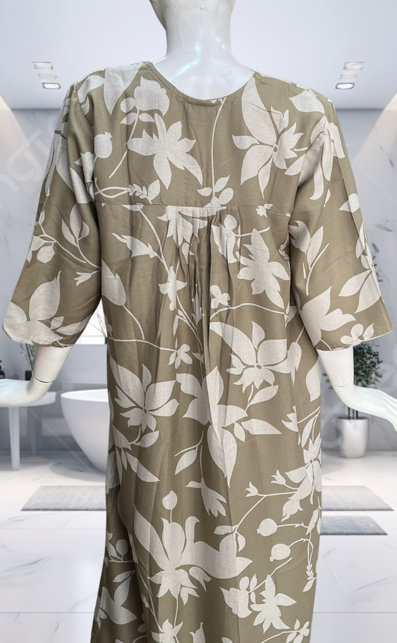 Beige Leafy Spun Long Sleeves Nighty. Flowy Spun Fabric | Laces and Frills