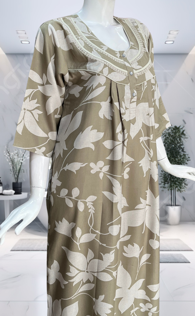 Beige Leafy Spun Long Sleeves Nighty. Flowy Spun Fabric | Laces and Frills