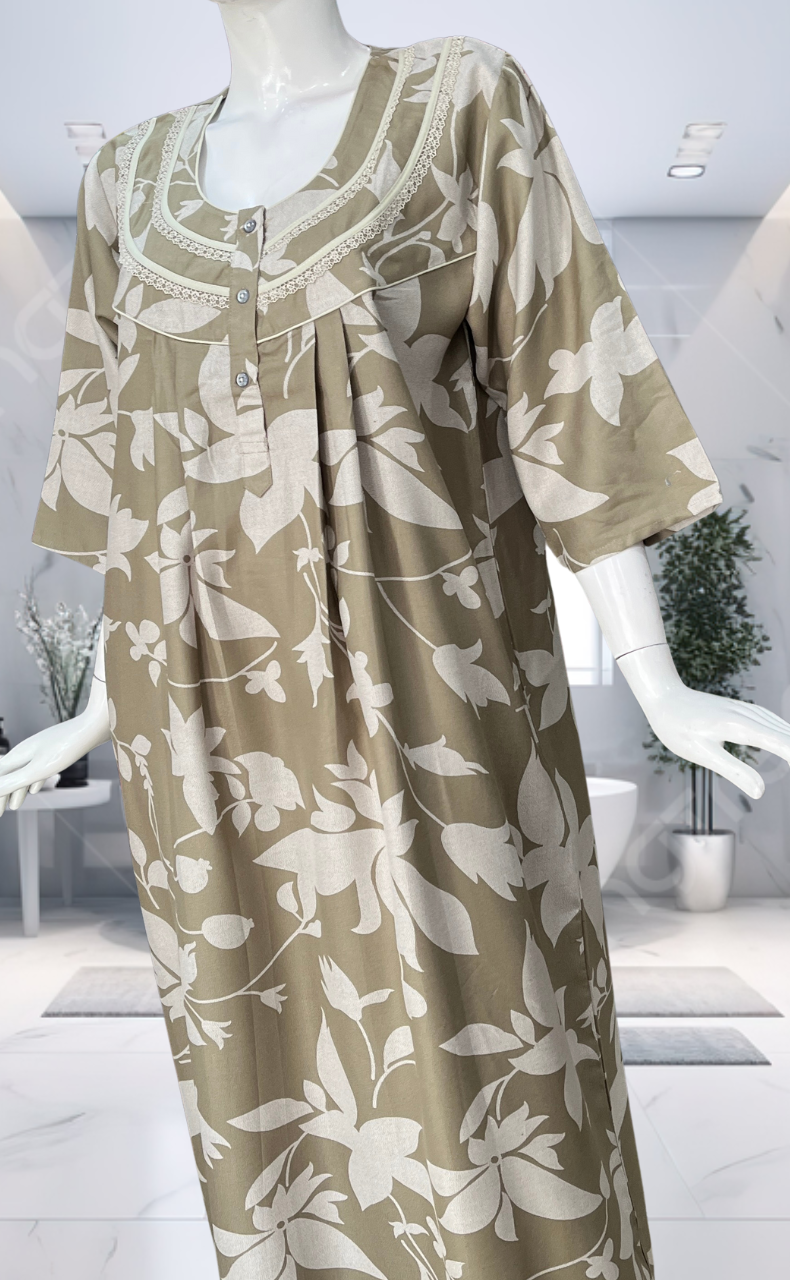 Beige Leafy Spun Long Sleeves Nighty. Flowy Spun Fabric | Laces and Frills