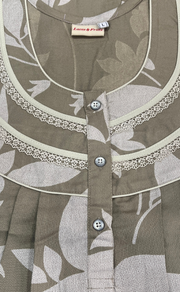 Beige Leafy Spun Long Sleeves Nighty. Flowy Spun Fabric | Laces and Frills