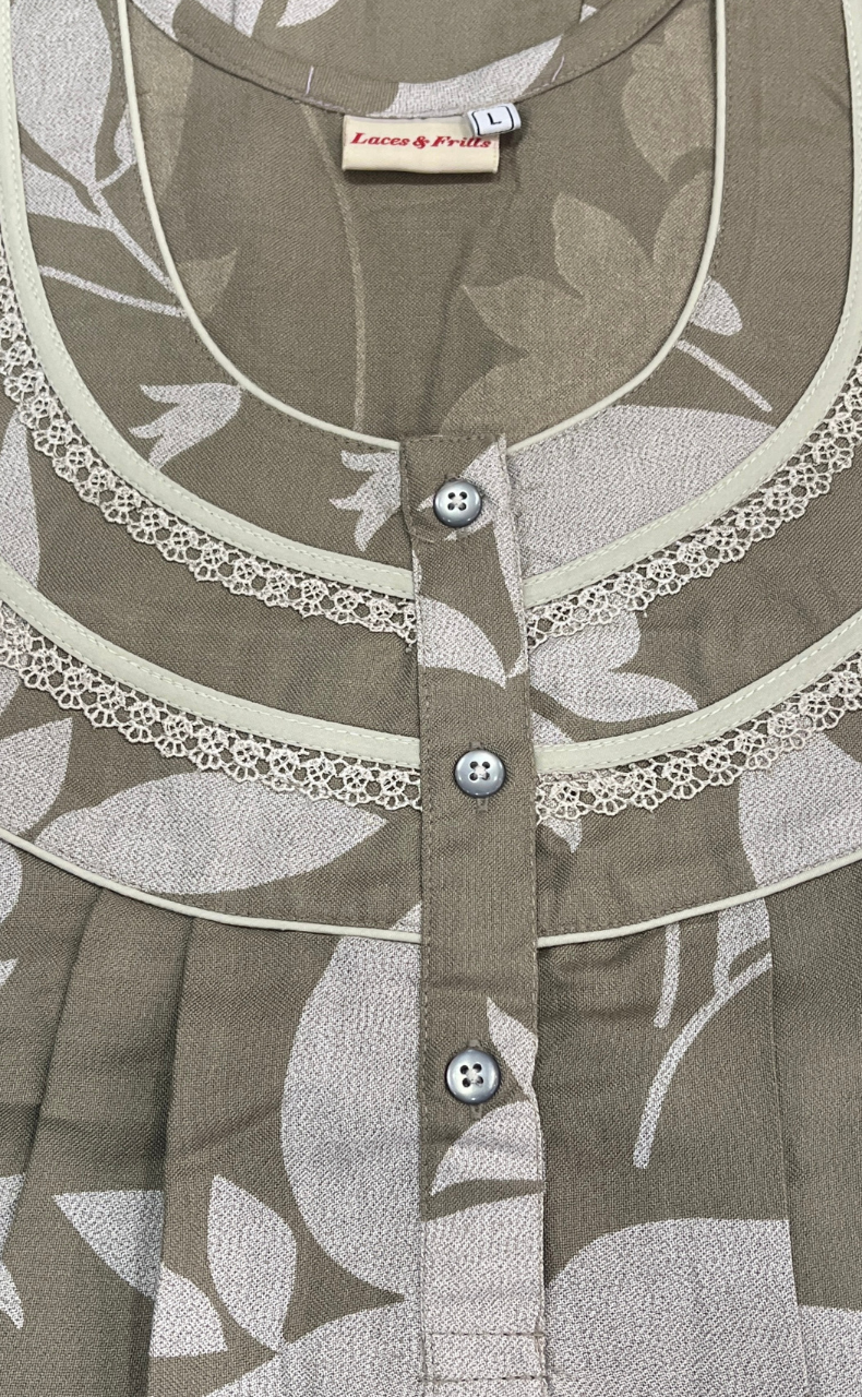 Beige Leafy Spun Long Sleeves Nighty. Flowy Spun Fabric | Laces and Frills