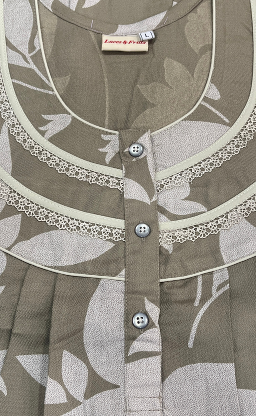 Beige Leafy Spun Long Sleeves Nighty. Flowy Spun Fabric | Laces and Frills