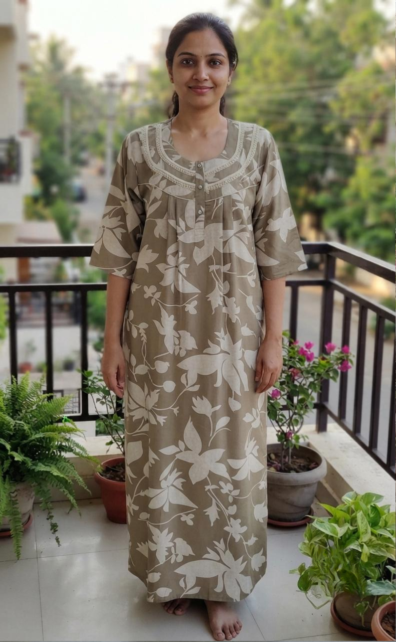 Beige Leafy Spun Long Sleeves Nighty. Flowy Spun Fabric | Laces and Frills