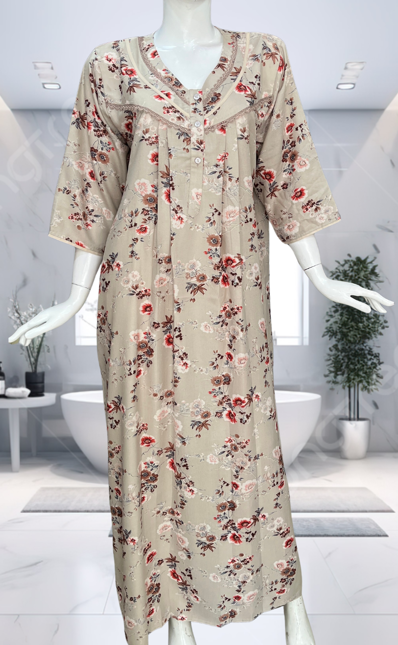 Grey/Beige Garden Spun Long Sleeves Nighty. Flowy Spun Fabric | Laces and Frills