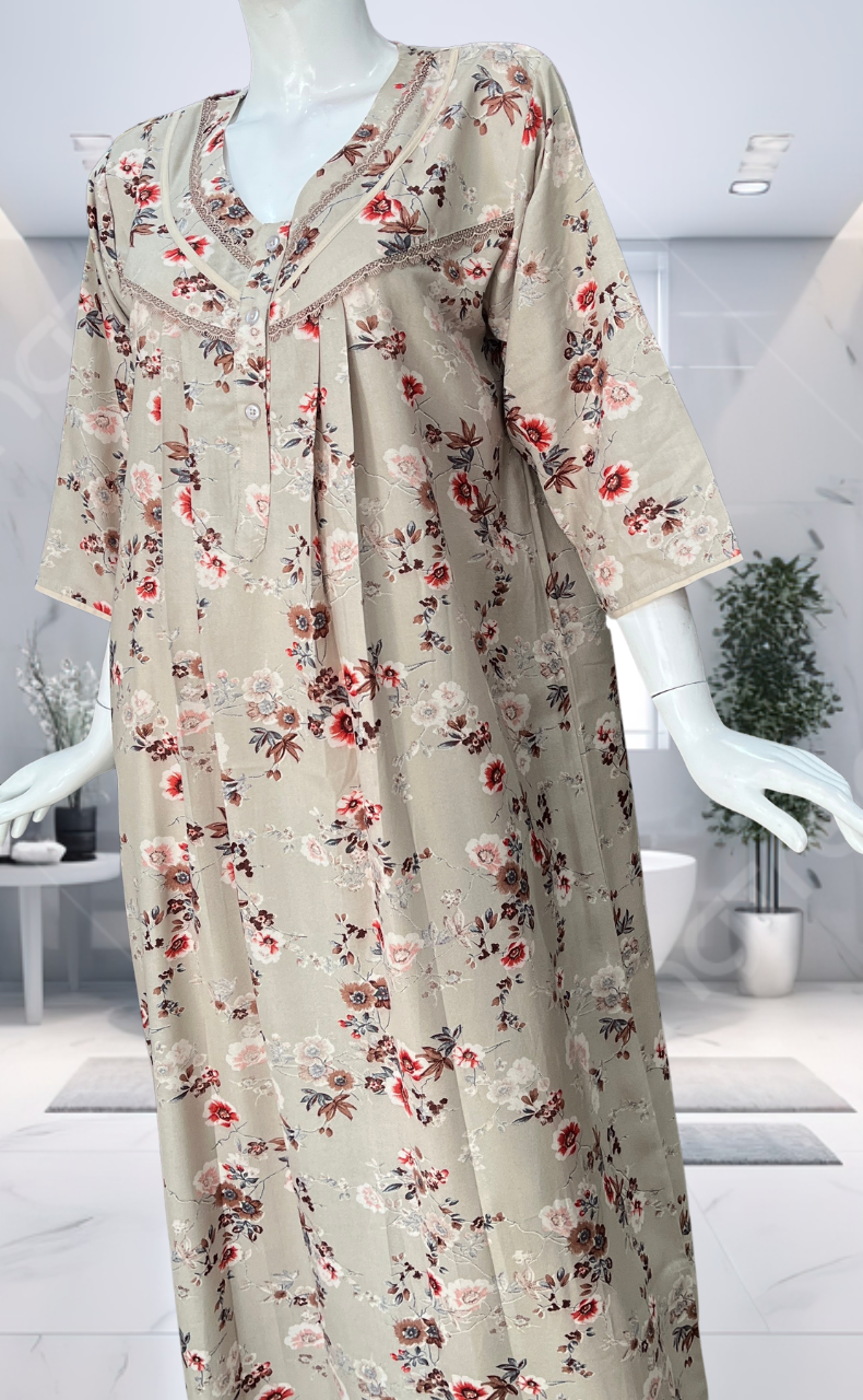 Grey/Beige Garden Spun Long Sleeves Nighty. Flowy Spun Fabric | Laces and Frills