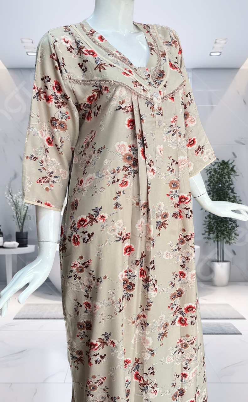 Grey/Beige Garden Spun Long Sleeves Nighty. Flowy Spun Fabric | Laces and Frills