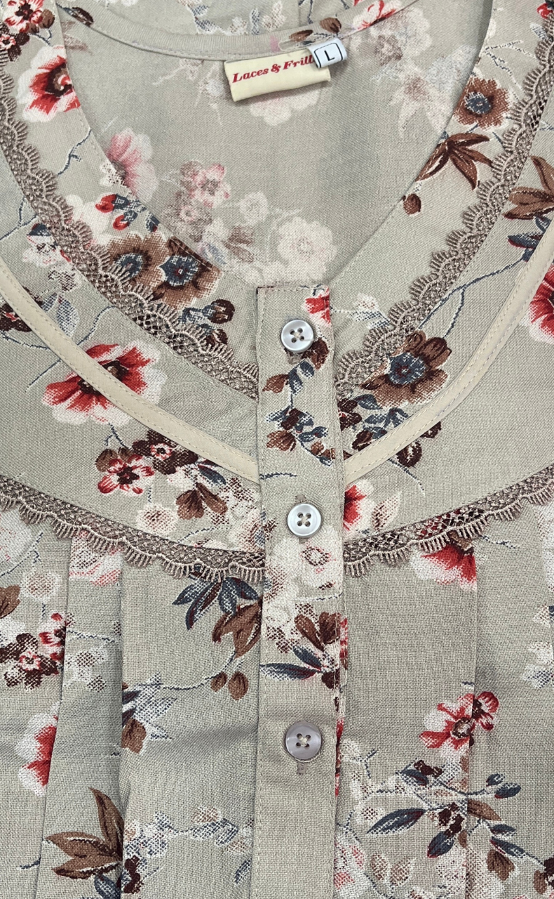 Grey/Beige Garden Spun Long Sleeves Nighty. Flowy Spun Fabric | Laces and Frills