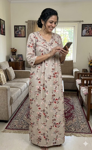 Grey/Beige Garden Spun Long Sleeves Nighty. Flowy Spun Fabric | Laces and Frills - Laces and Frills