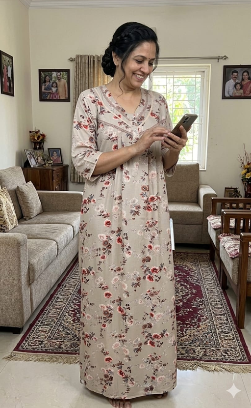 Grey/Beige Garden Spun Long Sleeves Nighty. Flowy Spun Fabric | Laces and Frills - Laces and Frills