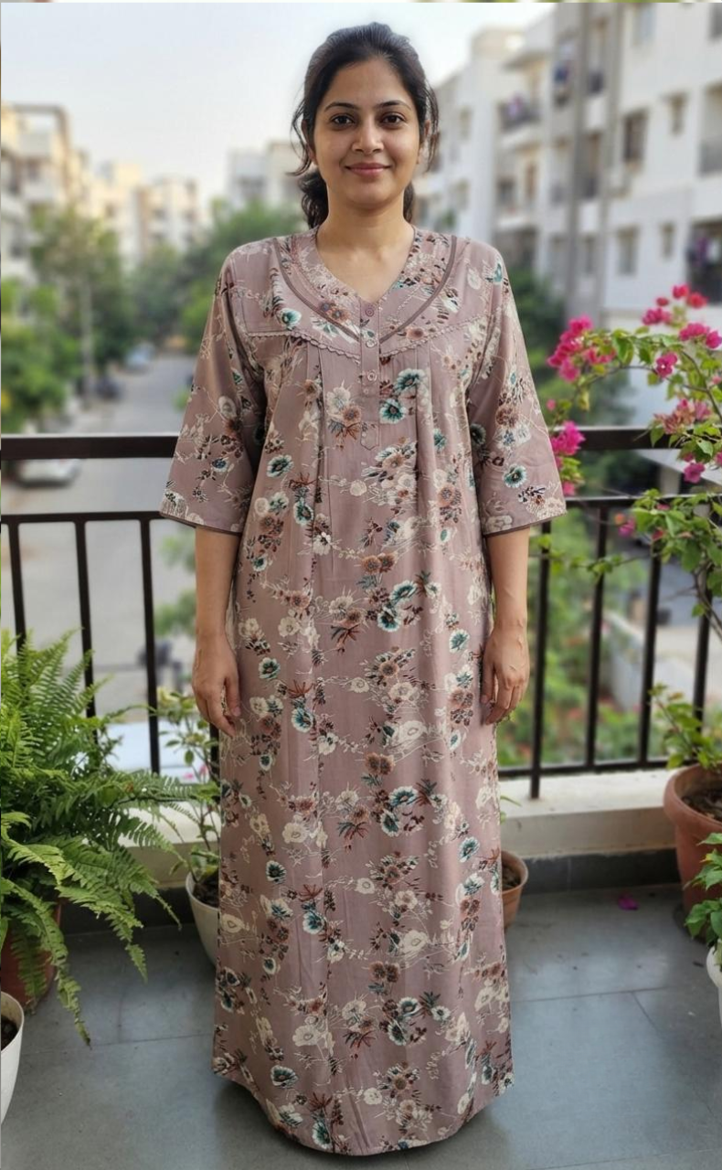 Light Peach Garden Spun Long Sleeves Nighty. Flowy Spun Fabric | Laces and Frills