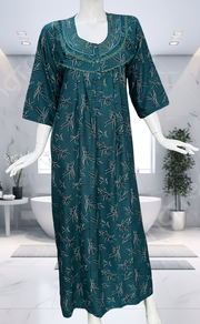Teal Green Leafy Spun Long Sleeves Nighty. Flowy Spun Fabric | Laces and Frills