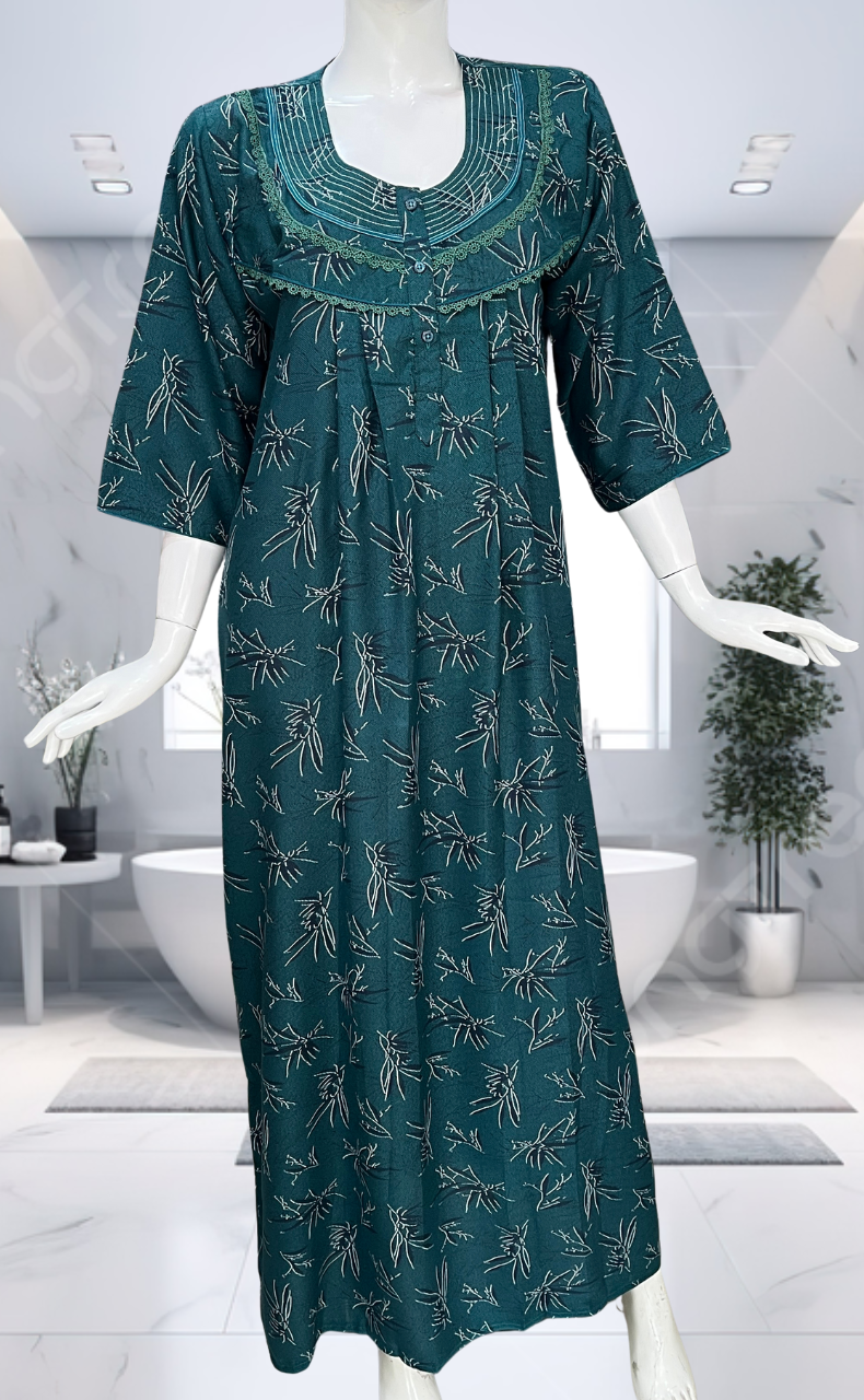 Teal Green Leafy Spun Long Sleeves Nighty. Flowy Spun Fabric | Laces and Frills