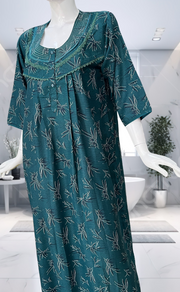 Teal Green Leafy Spun Long Sleeves Nighty. Flowy Spun Fabric | Laces and Frills