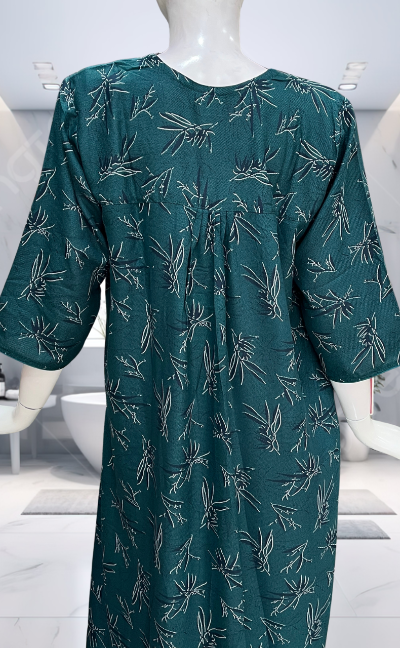 Teal Green Leafy Spun Long Sleeves Nighty. Flowy Spun Fabric | Laces and Frills