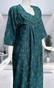 Teal Green Leafy Spun Long Sleeves Nighty. Flowy Spun Fabric | Laces and Frills
