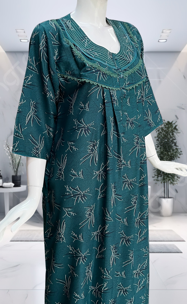 Teal Green Leafy Spun Long Sleeves Nighty. Flowy Spun Fabric | Laces and Frills