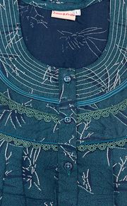 Teal Green Leafy Spun Long Sleeves Nighty. Flowy Spun Fabric | Laces and Frills