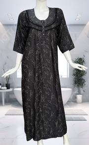 Black Leafy Spun Long Sleeves Nighty. Flowy Spun Fabric | Laces and Frills