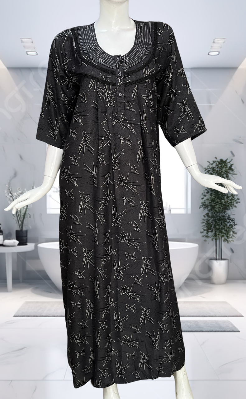 Black Leafy Spun Long Sleeves Nighty. Flowy Spun Fabric | Laces and Frills