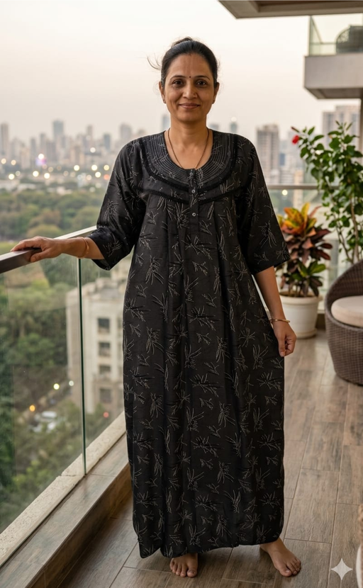 Black Leafy Spun Long Sleeves Nighty. Flowy Spun Fabric | Laces and Frills - Laces and Frills