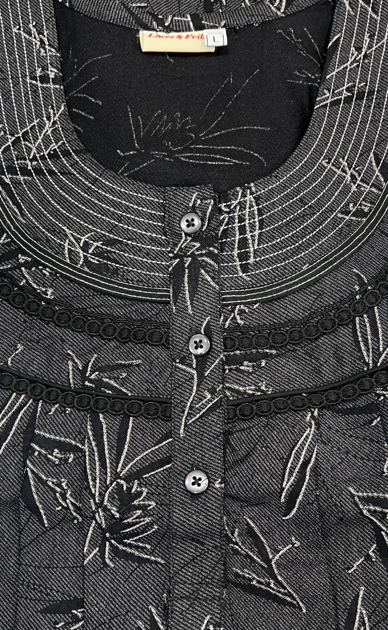 Black Leafy Spun Long Sleeves Nighty. Flowy Spun Fabric | Laces and Frills