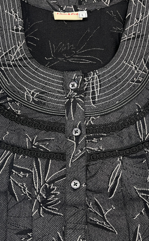 Black Leafy Spun Long Sleeves Nighty. Flowy Spun Fabric | Laces and Frills