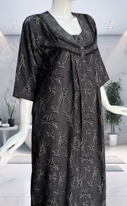 Black Leafy Spun Long Sleeves Nighty. Flowy Spun Fabric | Laces and Frills