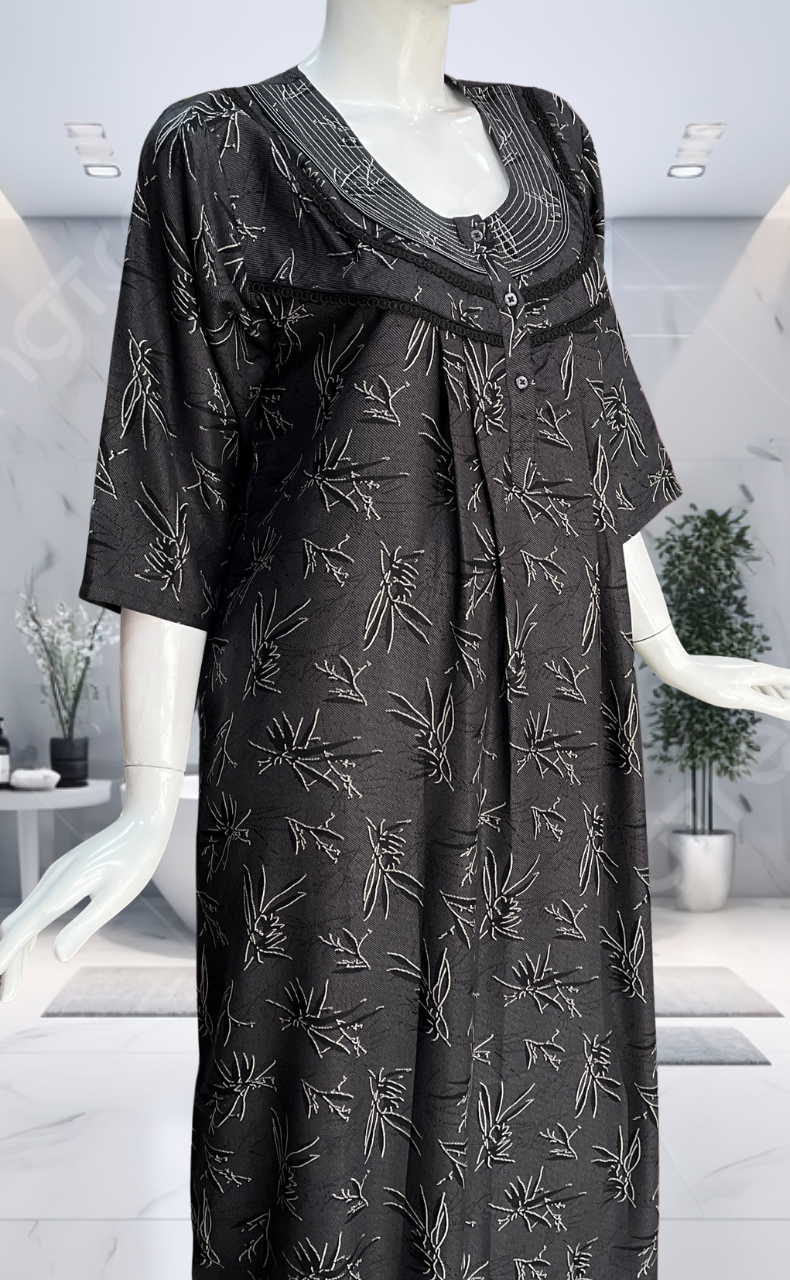Black Leafy Spun Long Sleeves Nighty. Flowy Spun Fabric | Laces and Frills