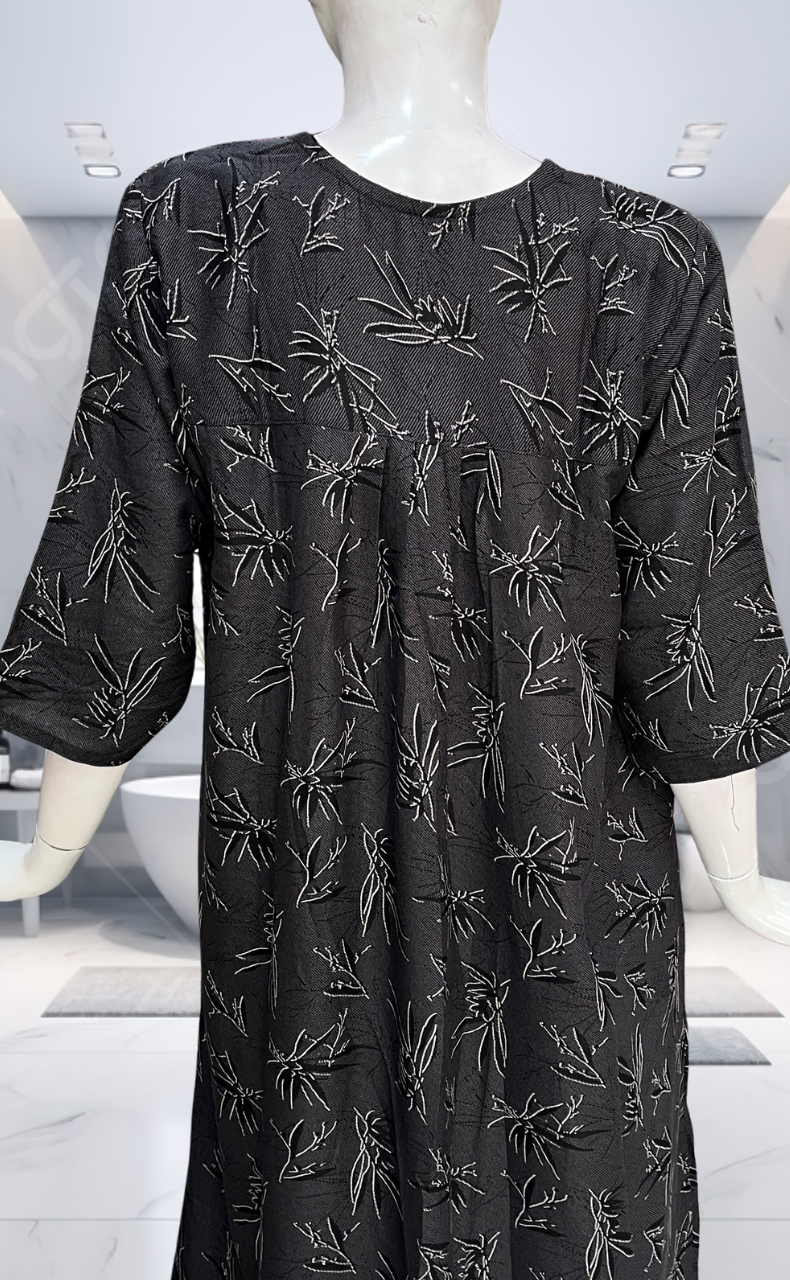 Black Leafy Spun Long Sleeves Nighty. Flowy Spun Fabric | Laces and Frills