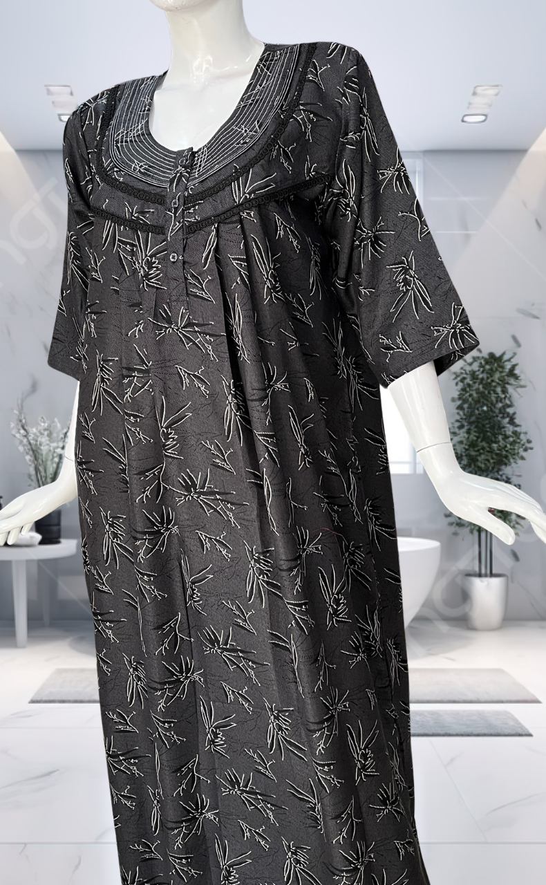 Black Leafy Spun Long Sleeves Nighty. Flowy Spun Fabric | Laces and Frills