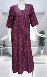 Purple Leafy Spun Long Sleeves Nighty. Flowy Spun Fabric | Laces and Frills