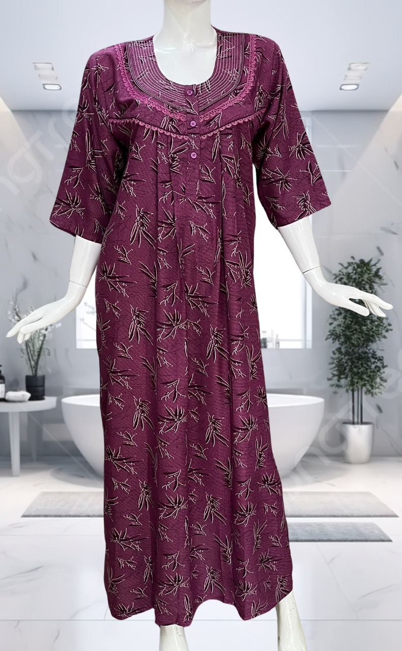 Purple Leafy Spun Long Sleeves Nighty. Flowy Spun Fabric | Laces and Frills