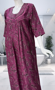 Purple Leafy Spun Long Sleeves Nighty. Flowy Spun Fabric | Laces and Frills