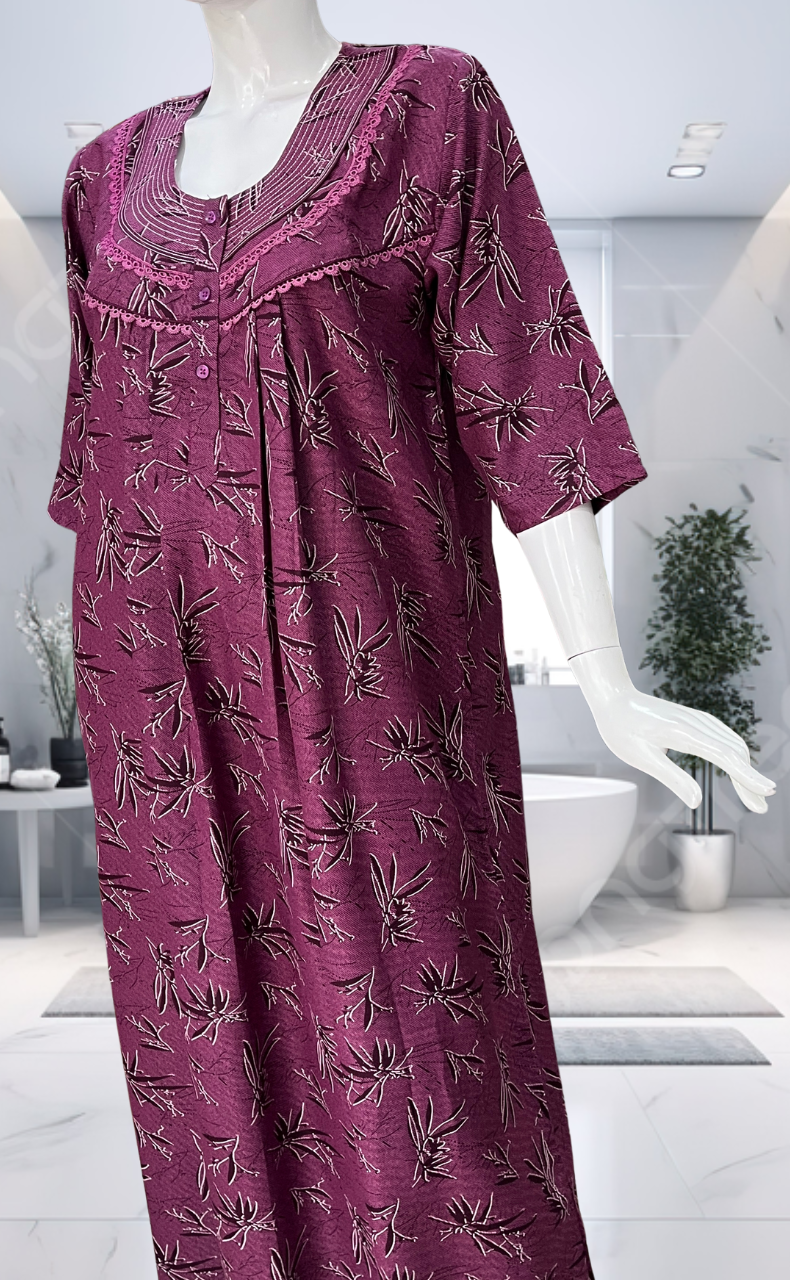 Purple Leafy Spun Long Sleeves Nighty. Flowy Spun Fabric | Laces and Frills