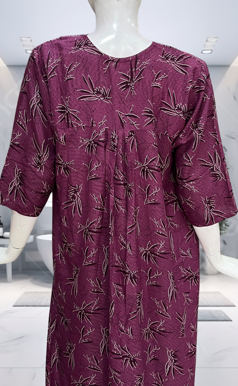 Purple Leafy Spun Long Sleeves Nighty. Flowy Spun Fabric | Laces and Frills