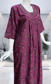 Purple Leafy Spun Long Sleeves Nighty. Flowy Spun Fabric | Laces and Frills