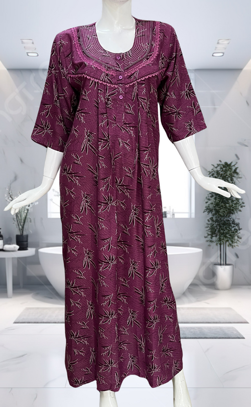 Purple Leafy Spun Long Sleeves Nighty. Flowy Spun Fabric | Laces and Frills